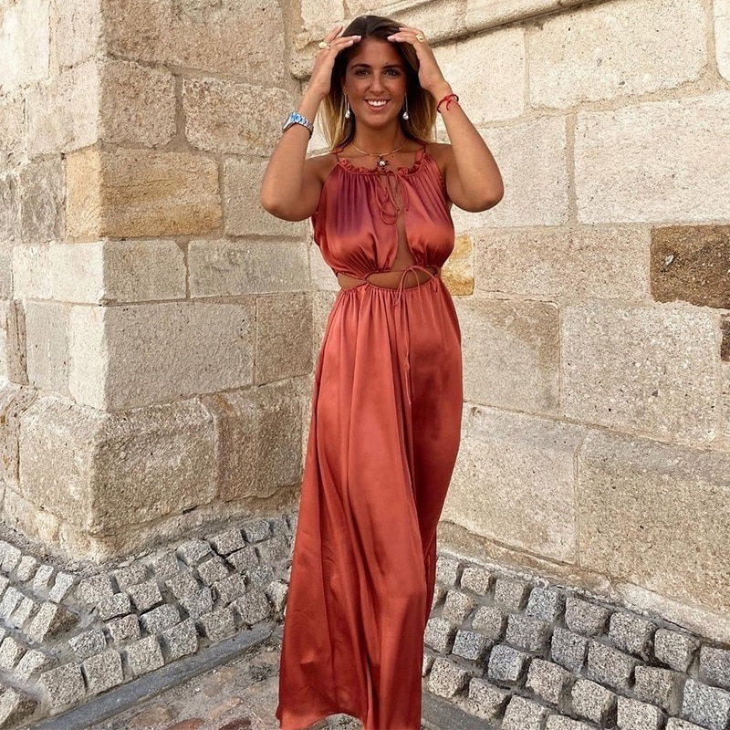 New copper pink greek goddess style halter neck sleeveless long women dress