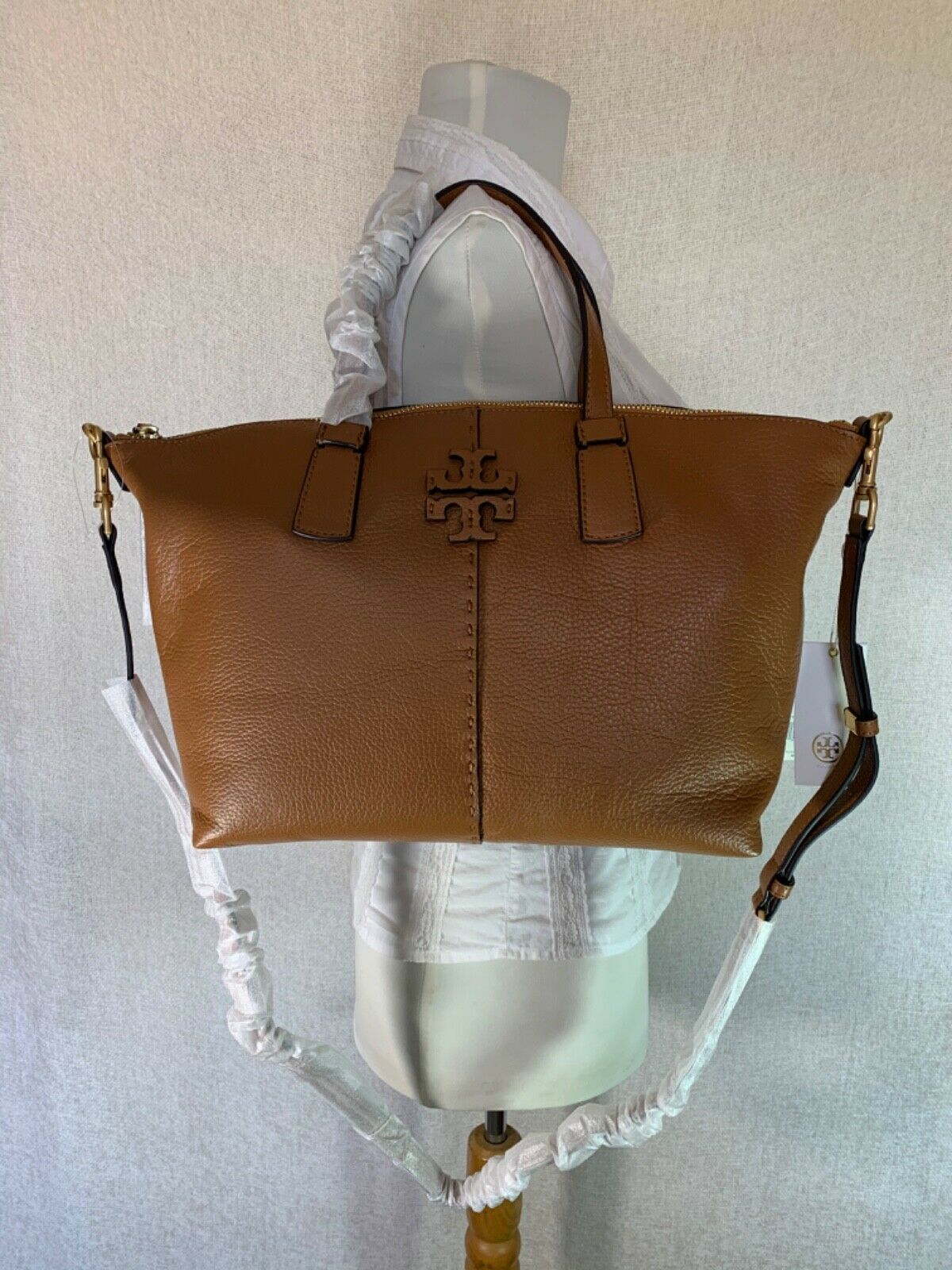 NWT Tory Burch Tiramisu Pebbled Leather McGraw Top Zip Satchel 398