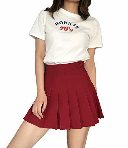 Girl's High Waisted Red bodycon Skirt Solid Pleated Mini Tennis Skirt (XS, Wine
