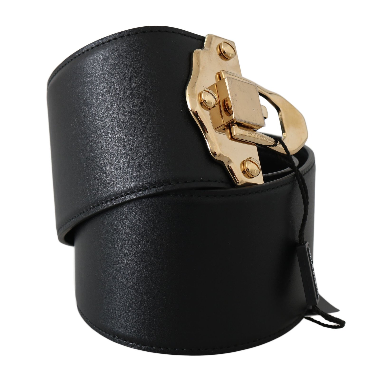 Black Leather Gold Buckle Wide Waist Belt - Fashion