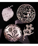Vintage Silver brooch lot - sarah coventry strawberry deer flower - gard... - $95.00