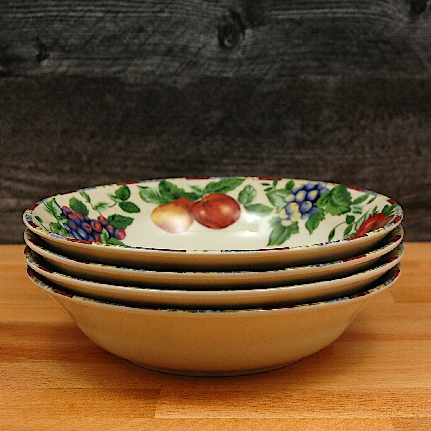 Sakura by Oneida Coupe Soup Bowl Set of 4 Stoneware Fruit Pattern
