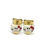 18K YELLOW GOLD ROUNDED ENAMEL EARRINGS MINI CAT 6mm, MADE IN ITALY - $200.27