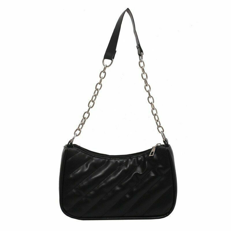 Fashion Chain Handbags For Women Faux Leather Single Metal Chain Strap Zip Close
