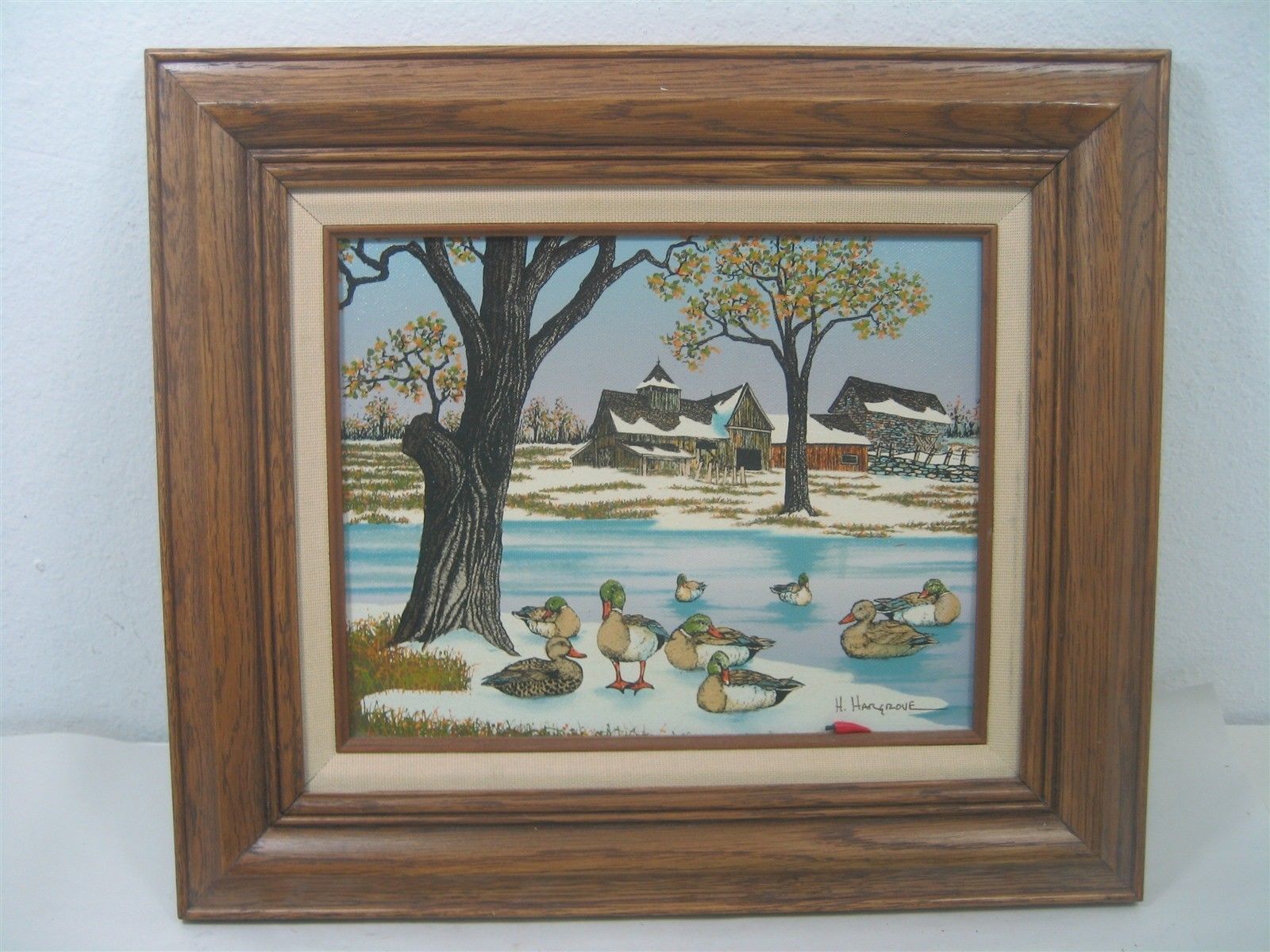 Vintage H. Hargrove Winter Ducks On Pond Oil Painting Signed Brown Wood Frame Paintings