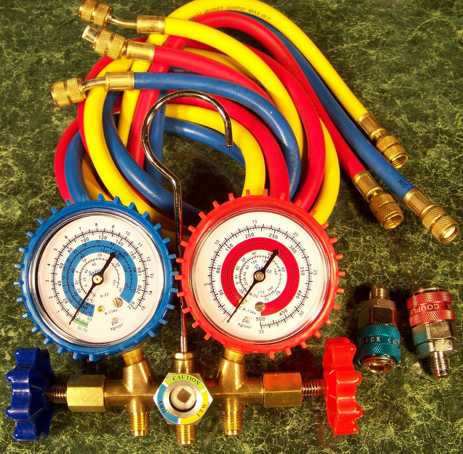 AC MANIFOLD GAUGE SET for R134a w 2 ADAPTERS HOSES Freon Air