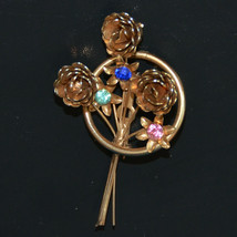 Vintage jewelry blue pink rhinestone floral flower gold tone brooch pin - £12.49 GBP