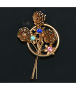 Vintage jewelry blue pink rhinestone floral flower gold tone brooch pin - £11.94 GBP
