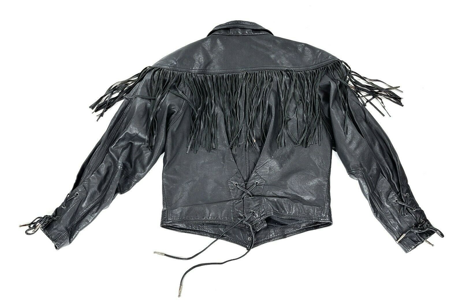 Vtg 80/90s Paris Sport Club Universal Black Leather Jacket Fringe Size ...
