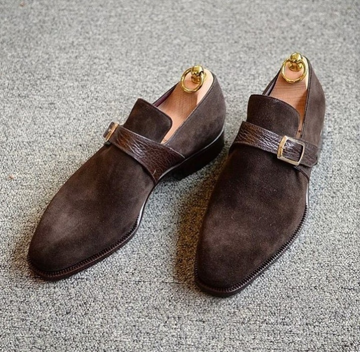 Men Brown Color Suede Leather Handmade Stylish Fashion Buckle Strap Monk Shoes