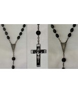 Antique Catholic Rosary, Ebony Cross Aluminum Wrapped - Beads, Silver Ch... - $88.00