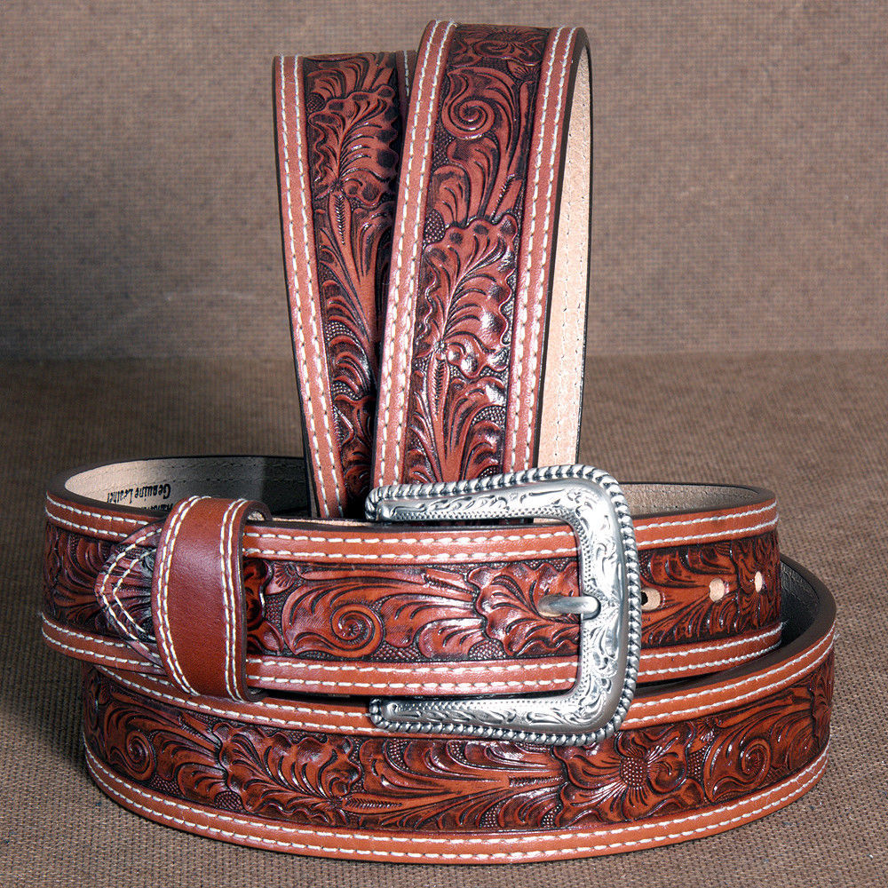 38 Inch Western Men Tan Tooled Dark Brown Leather Stitching Belt Belts