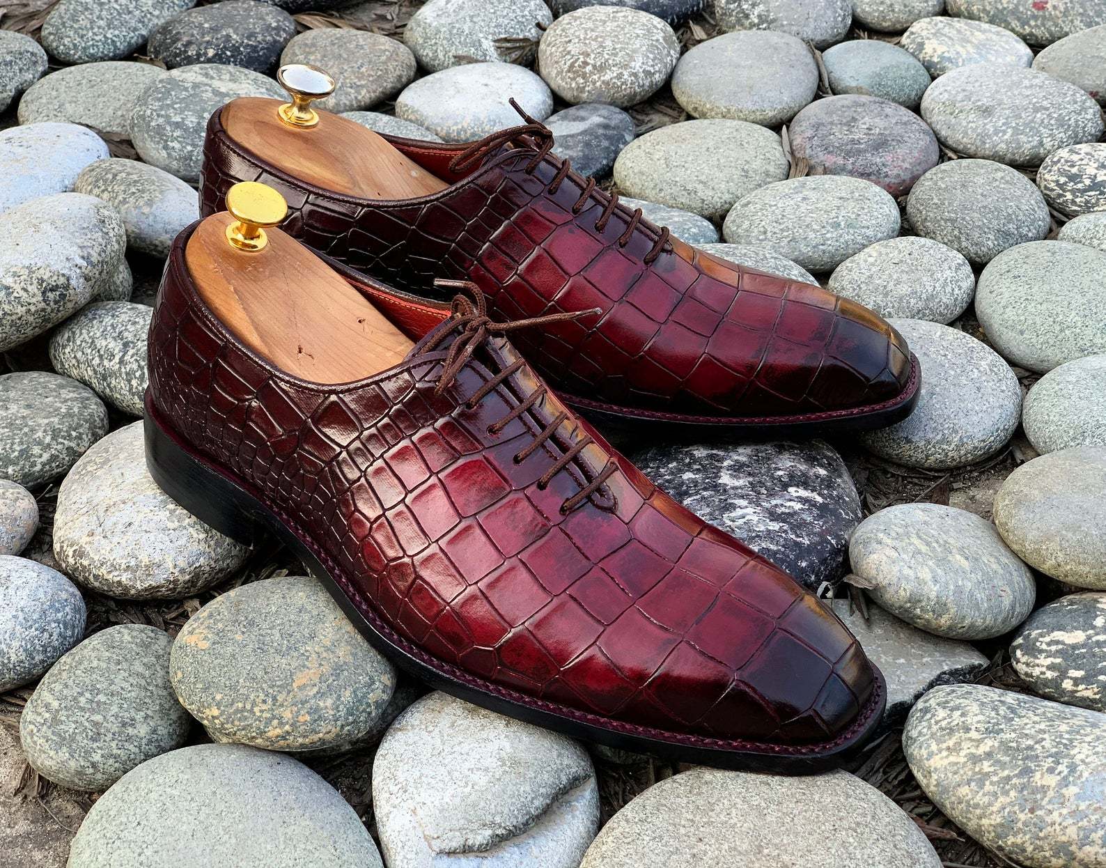 Handmade Men Burgundy Alligator Textured Leather Lace Up Shoes, Men ...