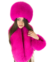 Fox Fur Stole 55' + Beanie Fur Hat & Wristbands Saga Furs Fuschia Pink Color Set image 2