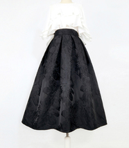 Women Black Midi Skirt Outfit Black Pleated Party Skirt Plus Size Floral Pattern image 1