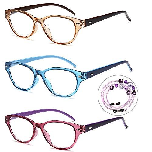VVDQELLA Colored Reading Glasses Women 2.5 3 Pack with Necklace Safty ...