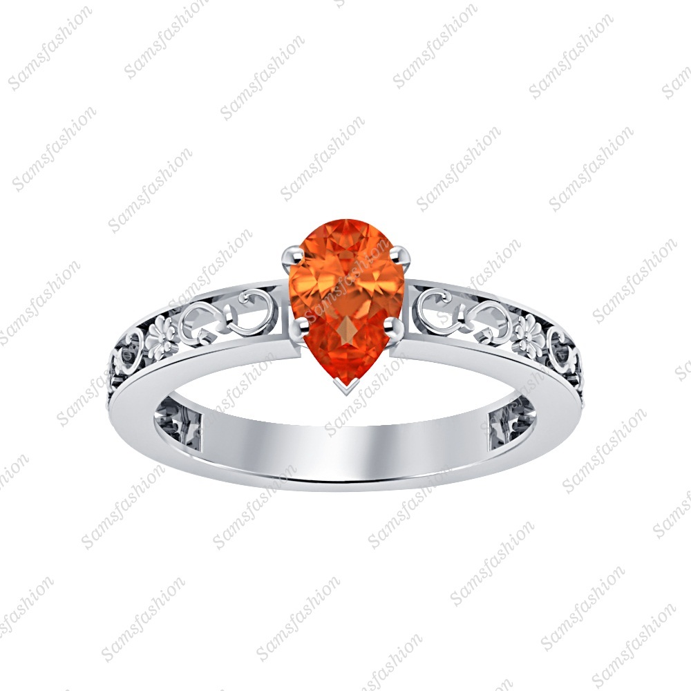 Womens Solitaire Pear Shaped Orange Sapphire 14k White Gold Over Engagement Ring