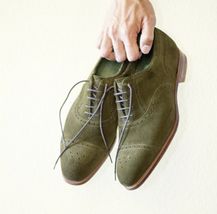 Handmade Men Green Suede Heart Medallions Lace Up Oxford Shoes Size US 9 image 1