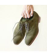 Handmade Men Green Suede Heart Medallions Lace Up Oxford Shoes Size US 9 - $149.99