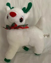 White Plush Christmas Holiday Reindeer: Green Antlers &amp; Hooves Red Nose ... - $15.99
