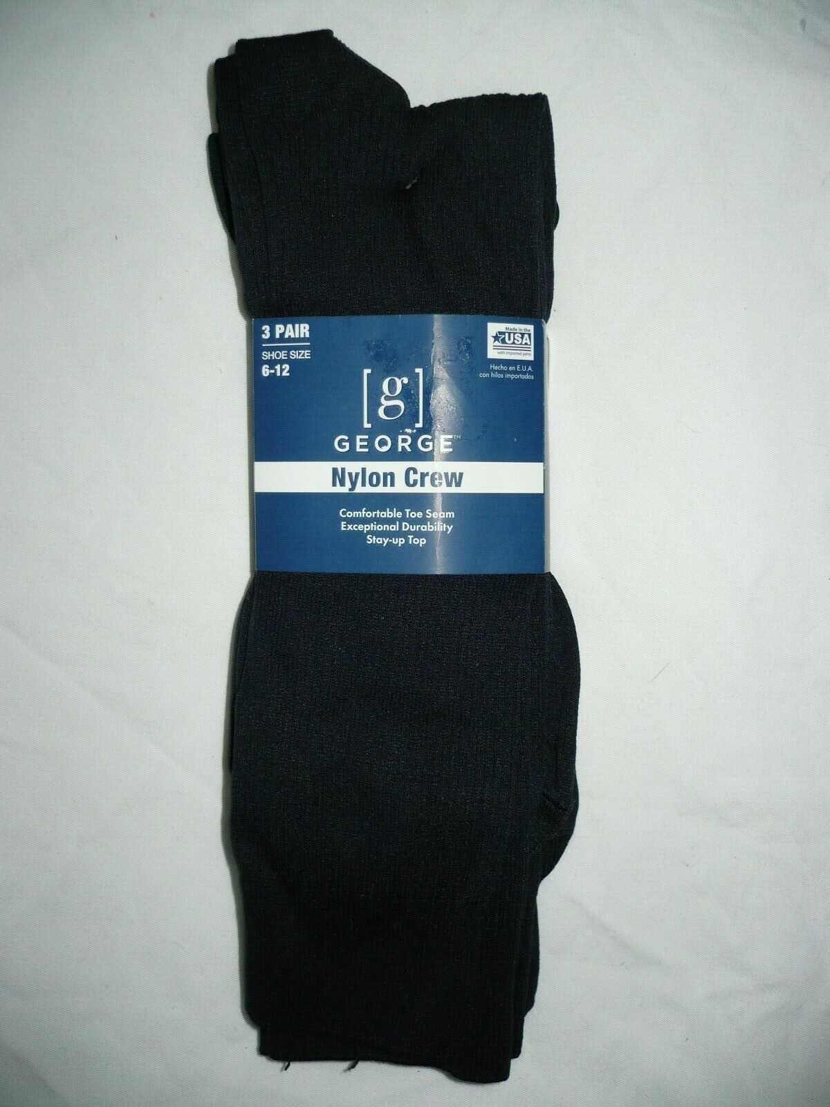 George Nylon Crew Socks 3 Pair Shoe Size 6-12 Navy Stay Up Top - Socks