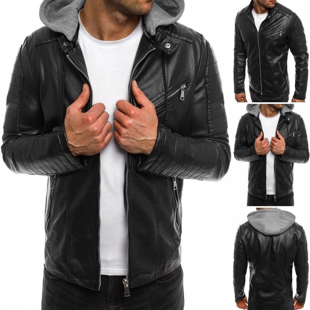 Men's Motorcycle Brando Style Biker Real Leather Hoodie Jacket - Detach Hood -FZ