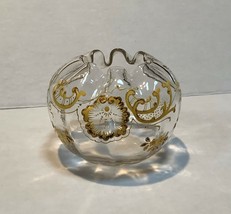 Antique Mont Joye Art Glass Rose bowl vase, gold enameled Rococo decoration - $159.95
