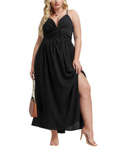 Women's Classic Plus Size Twist Front Slit Thigh Thin Strap Black Cami Dress 2XL