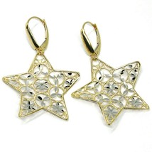 18K YELLOW WHITE GOLD PENDANT EARRINGS ONDULATE WORKED STAR, SHINY, STRIPED image 2