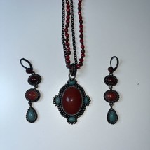 Avon Set of 3 BOHO Orange Blue Beaded Necklace Matching Earrings Pendant Pewter - $19.90