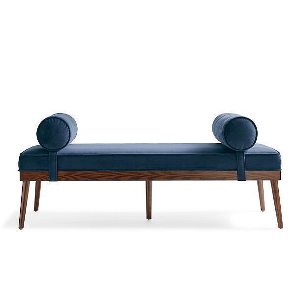 Mid Century Modern Blue Velvet Bench With Bolster Pillows Entryway