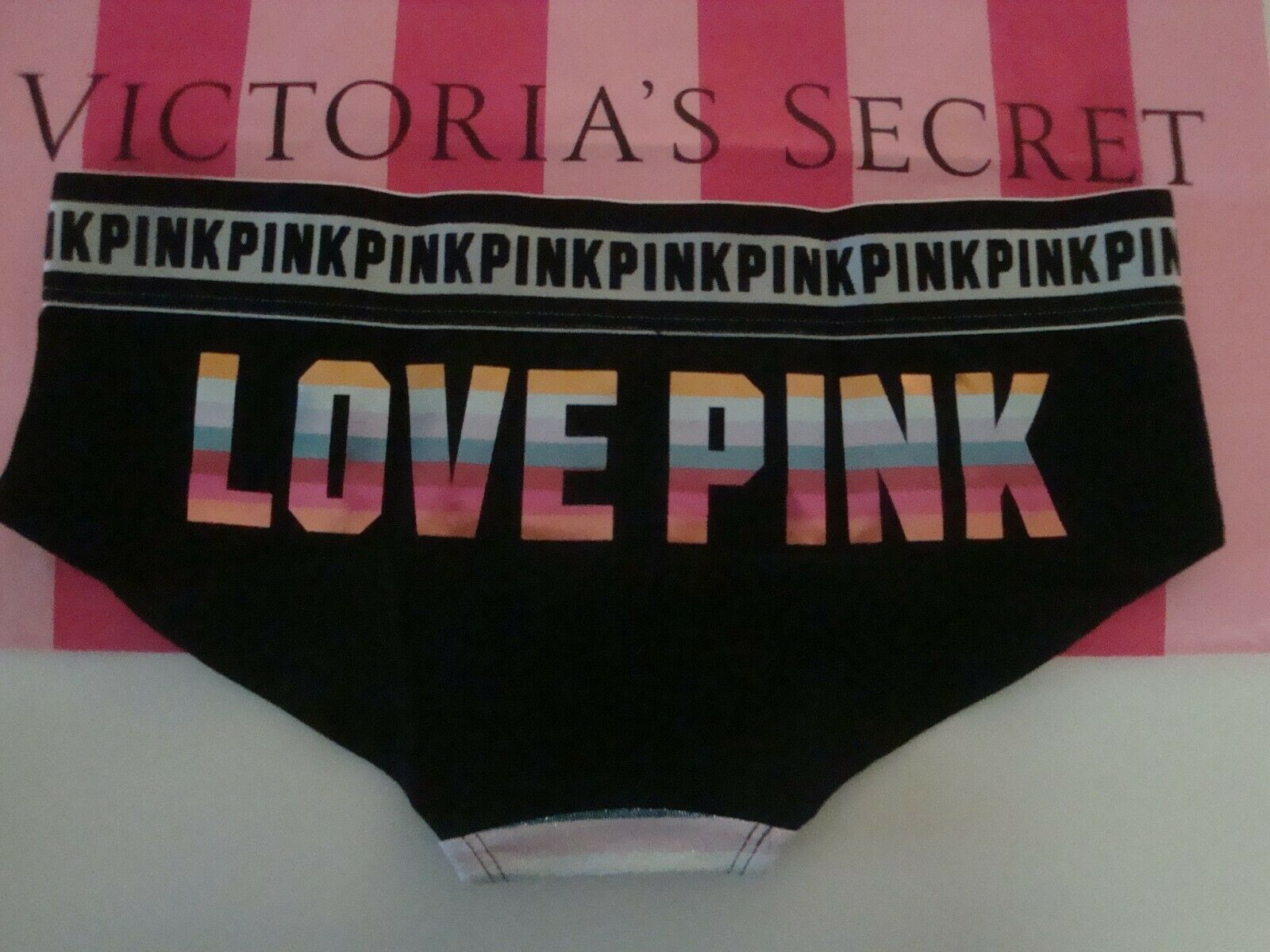 VICTORIA'S SECRET "PINK" HIPSTER PANTY METALLIC MULTI STRIPES "LOVE