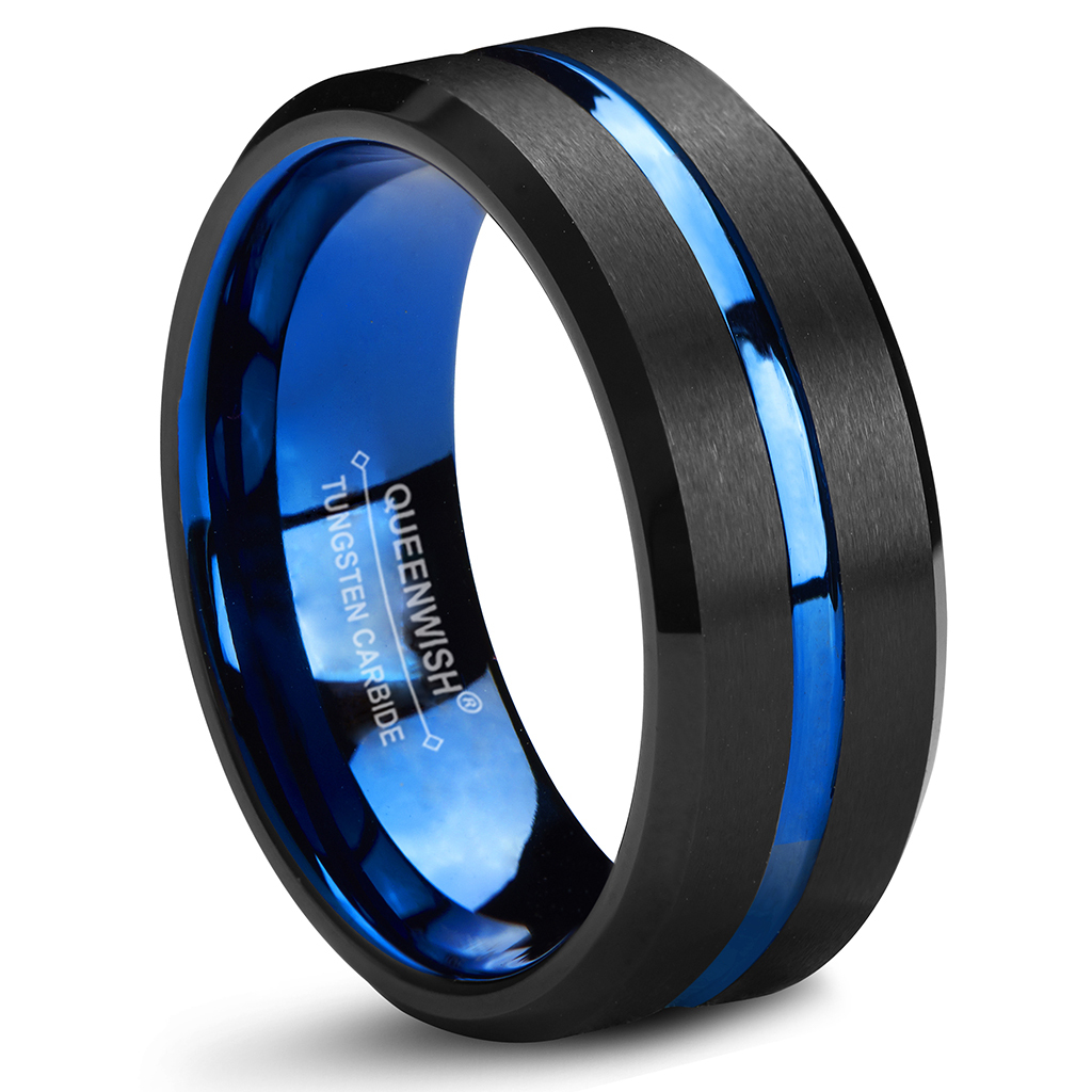 Queenwish Blue And Black Tungsten Carbide Wedding Band 8mm Two Tone   8mm Blue Grooved Center Tungsten Wedding Band Black Brushed Couples Engagement Anniversary Rings 