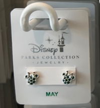 Disney Parks Minnie Mouse Faux Emerald May Birthstone Stud Earrings Silver Color