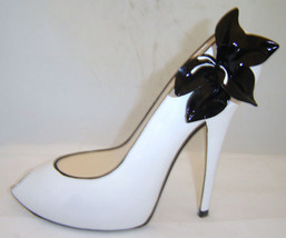 Stiletto Shoe Money Bank White Resin with Black Bow 7" High Savings Woman Gift image 2