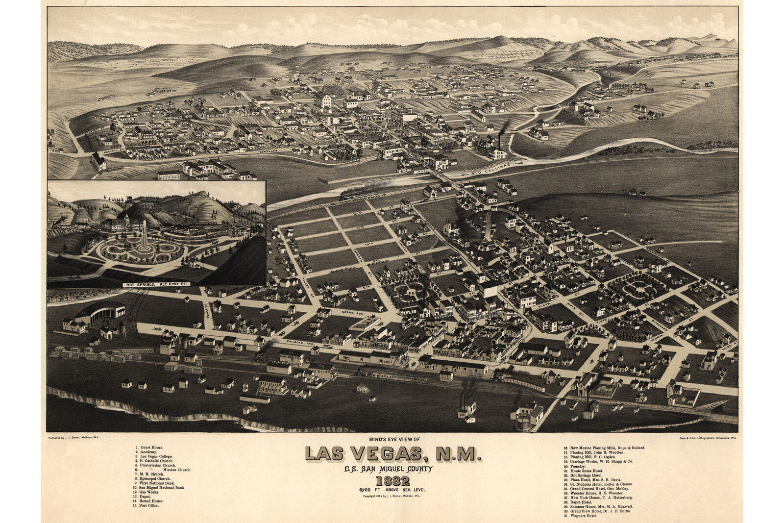 Map of Las Vegas, New Mexico, San Miguel County 1882; Antique Birdseye