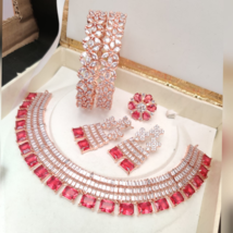 Indien Zircone Bollywood Rouge Plaqué Or Collier Boucles Bracelet Anneaux Bijoux - $85.53