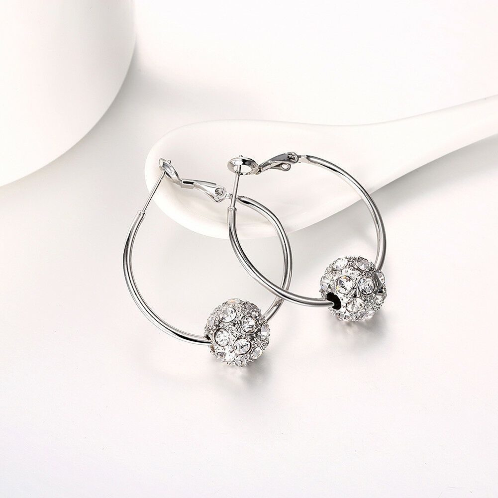 18K White Gold Plated Pave Ball 3mm Hoop Earring Made with Swarovski ...