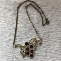 Vintage Goldtone Bar Link with Purple Rhinestone Grapes Pendant Necklace – 15.5  - $10.39