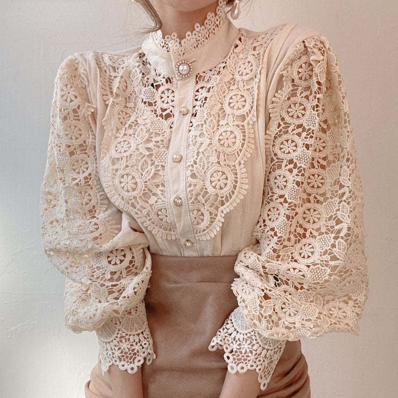 Stand Collar Flower Solid Hollow Out Lace Women Blouse