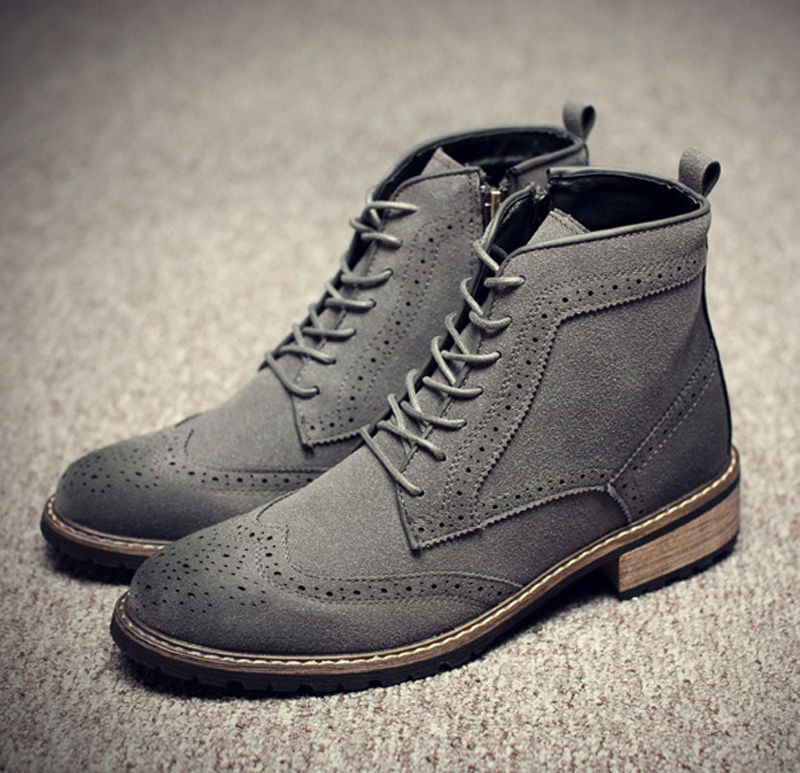 Men's Handmade Gray Suede Brogue Lace Up Boots, Men Suede Gray Casual Boots Boots