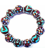 NEW ANGELA MOORE BROWN TEAL PINK BEADED BRACELET POLKO DOTS STRIPES SWIRLS - $29.69