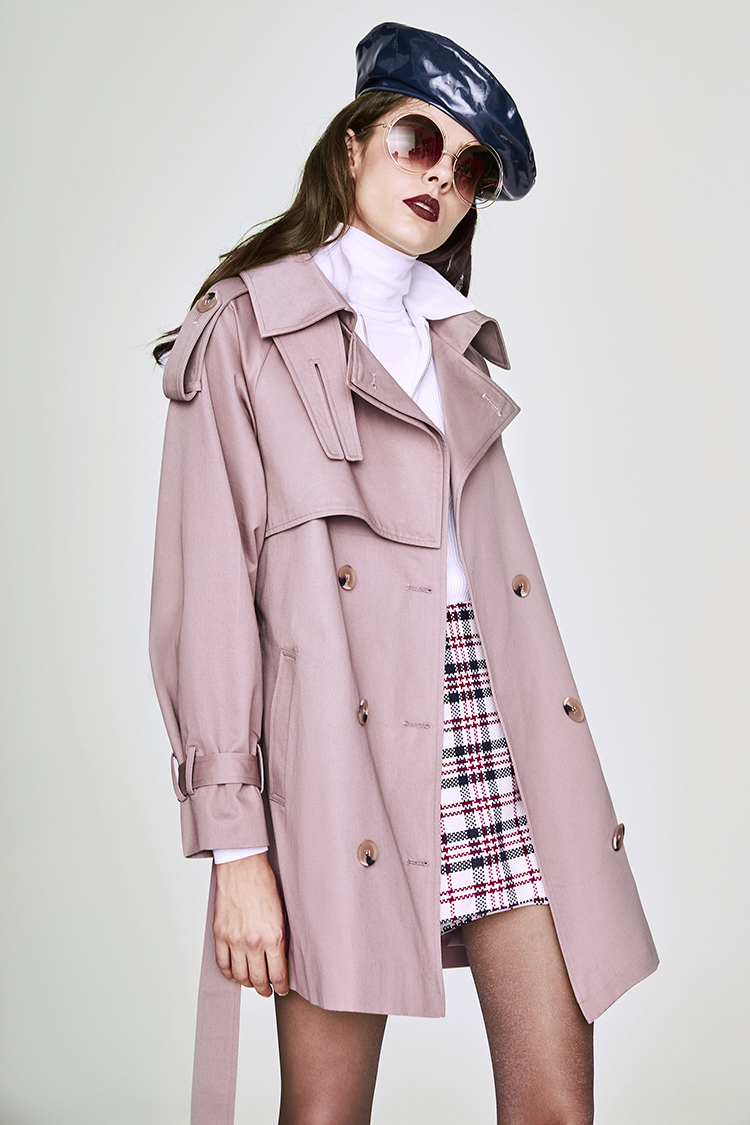 New blush pink double breasted short classy women trench coat spring autumn fall