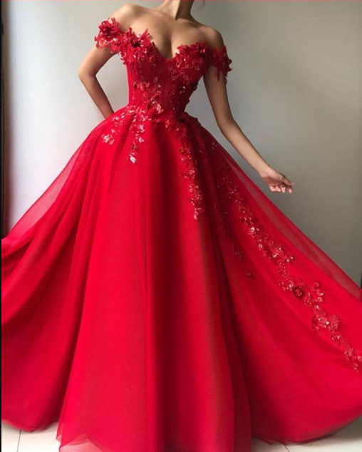 Charming Long Red Lace Embroidery Prom Dresses Tulle Off Shoulder ...