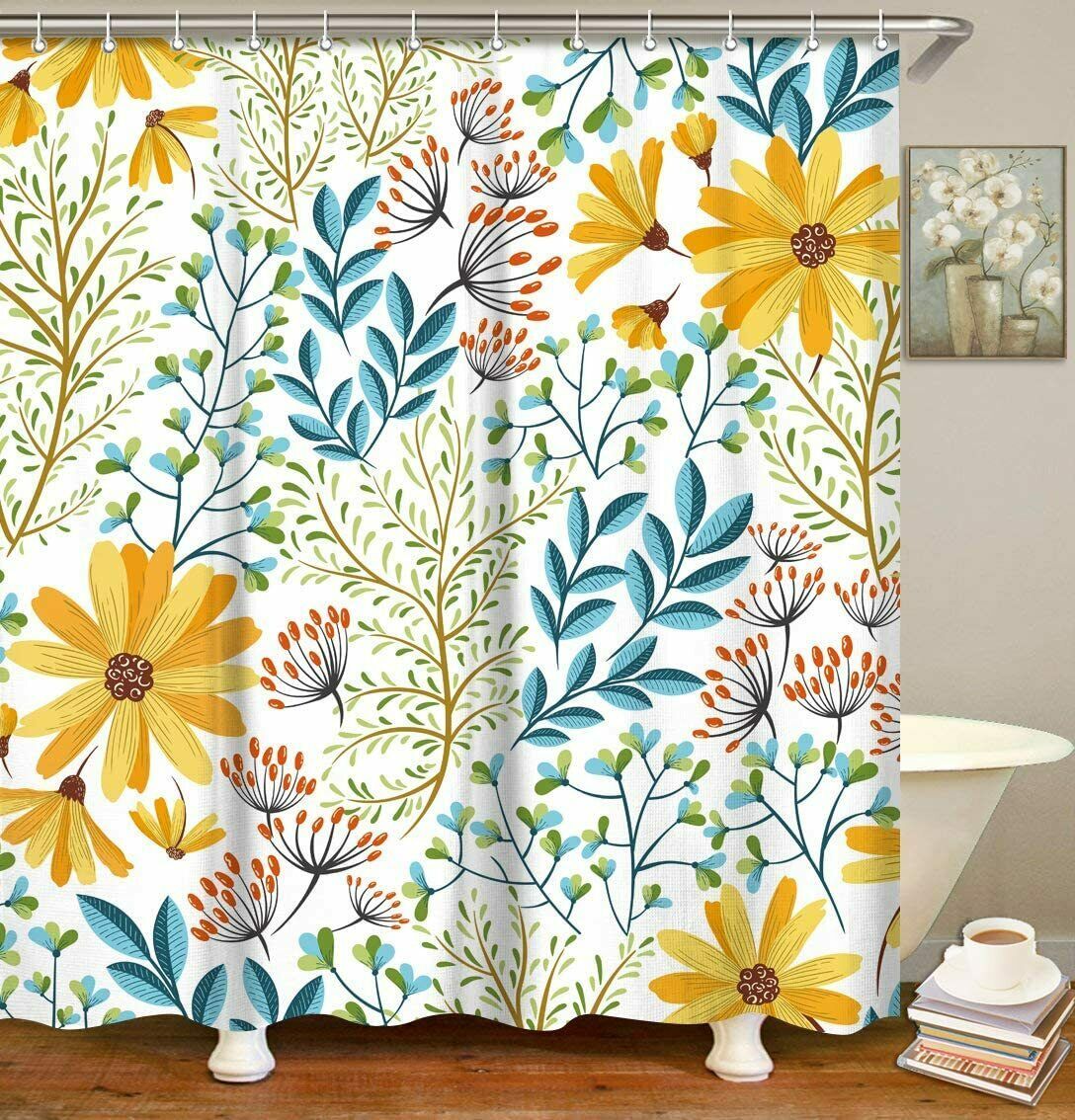 Yellow Blue Floral Gorgeous Cute Happy Farmhouse Fabric Shower Curtain Hooks Shower Curtains 8657