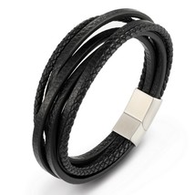 XQNI 2019 Fashion Stainless Steel Chain Genuine Leather Bracelet Men Vintage Mal - $13.13