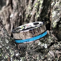 Deer Antler Ring with Turquoise Inlay Mens Womens Wedding Ring Hunter Band - $89.99+