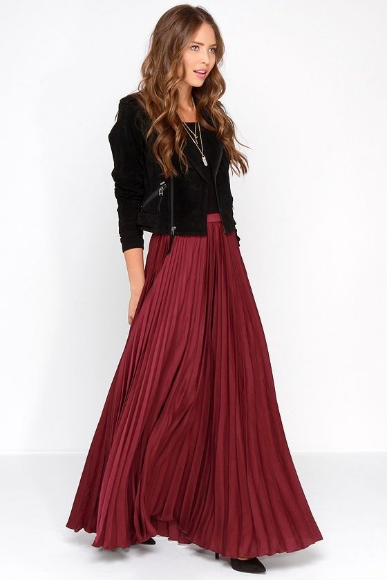 New burgundy pleated high waist long women skirt maxi length autumn winter