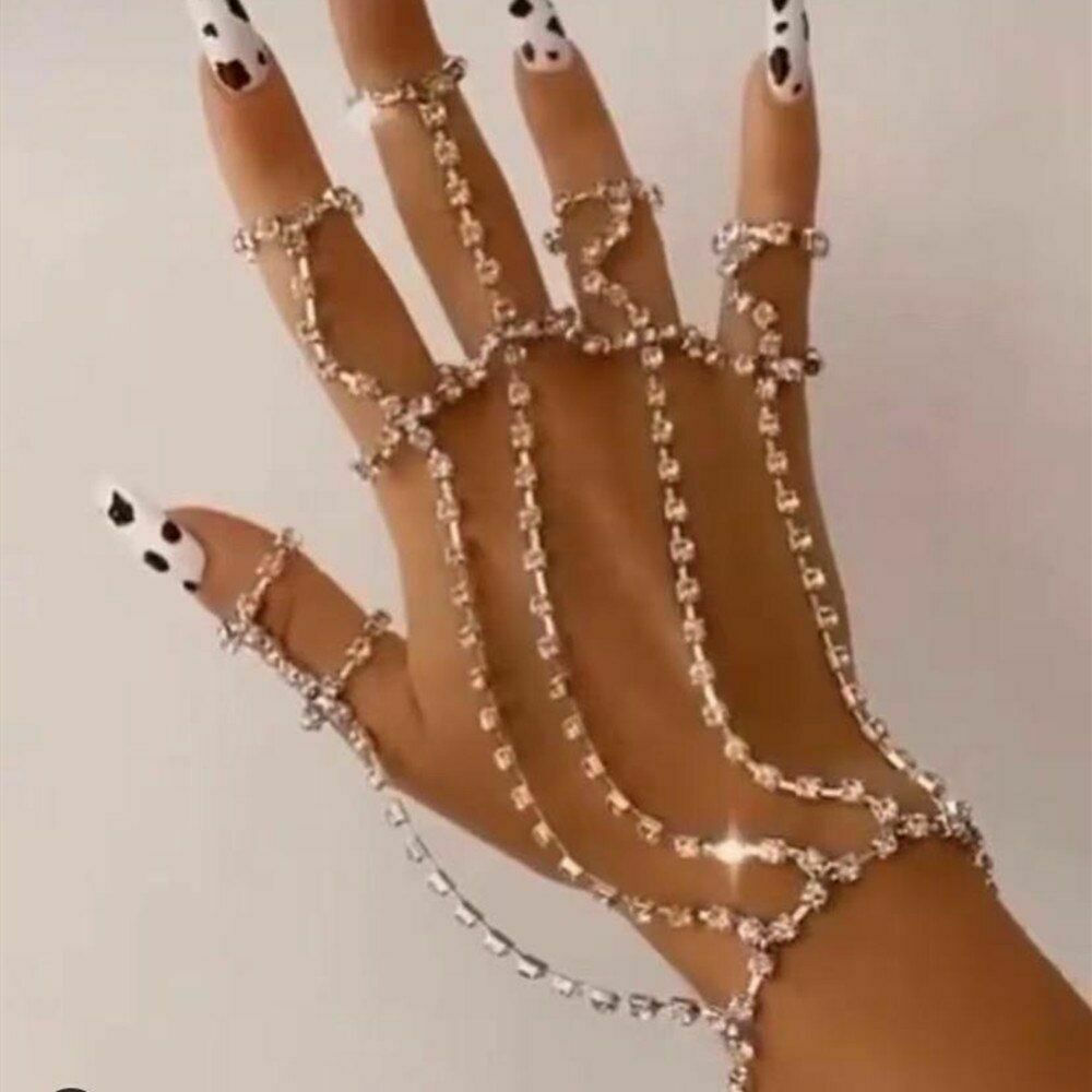 Luxury Crystal Rhinestone Chain Ring Bracelet Slave Full Finger Hand Back Bangle