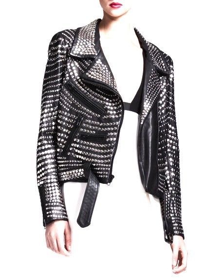 Women Leather Full Silver Studded Jacket Studs Spike Belted Punk Biker Brando
